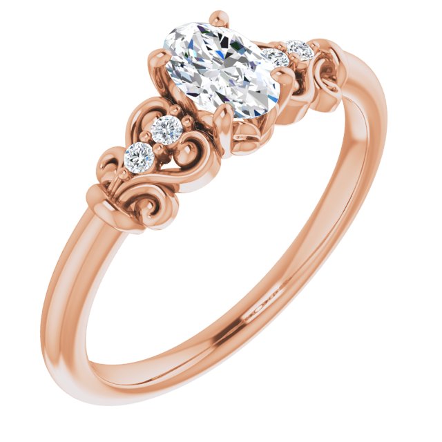 10K Rose Gold Customizable Vintage 5-stone Design with Oval Cut Center and Artistic Band Décor
