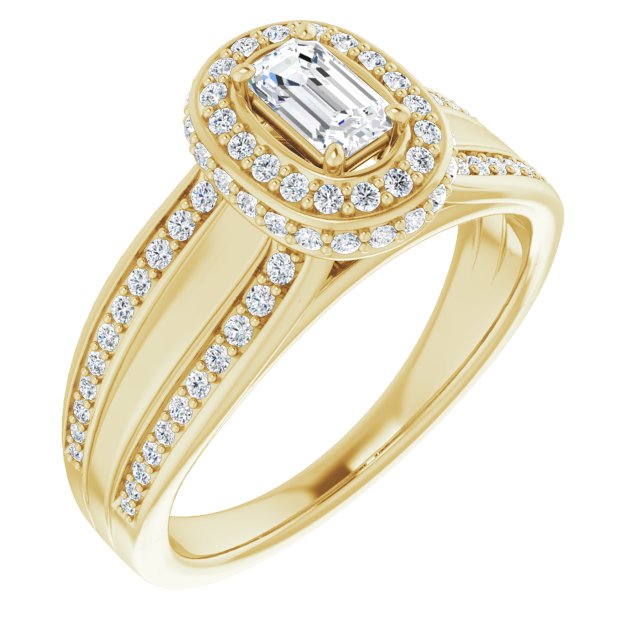10K Yellow Gold Customizable Halo-style Emerald/Radiant Cut with Under-halo & Ultra-wide Band