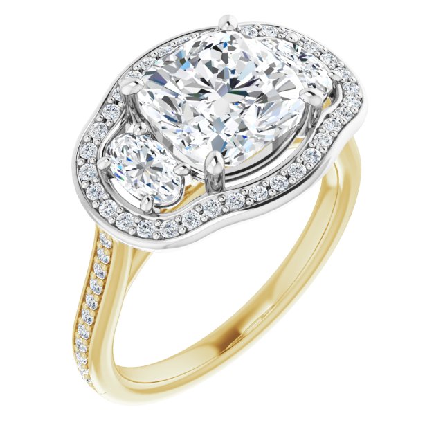 14K Yellow & White Gold Customizable Cushion Cut Style with Oval Cut Accents, 3-stone Halo & Thin Shared Prong Band