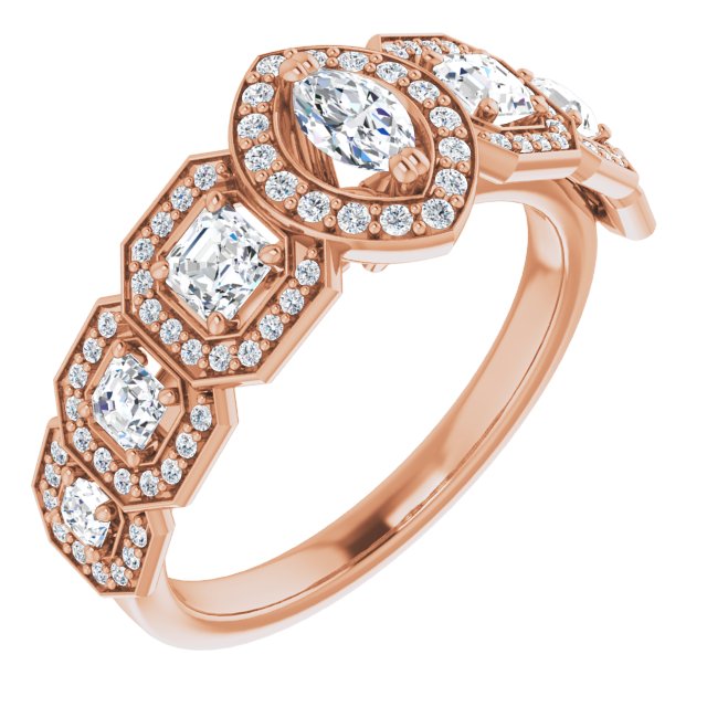 10K Rose Gold Customizable Cathedral-Halo Marquise Cut Design with Six Halo-surrounded Asscher Cut Accents and Ultra-wide Band