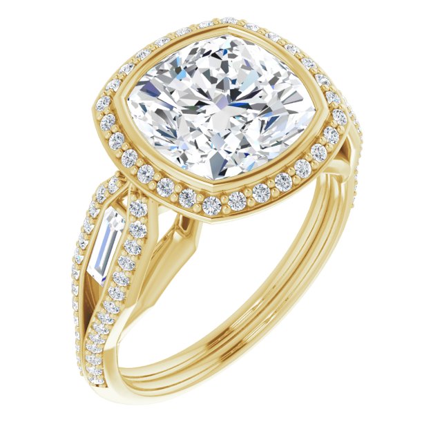 10K Yellow Gold Customizable Cathedral-Bezel Cushion Cut Design with Halo, Split-Pavé Band & Channel Baguettes
