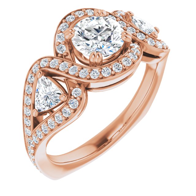 10K Rose Gold Customizable Round Cut Center with Twin Trillion Accents, Twisting Shared Prong Split Band, and Halo