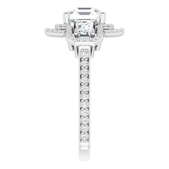 Cubic Zirconia Engagement Ring- The Fallon (Customizable Enhanced 3-stone Style with Asscher Cut Center, Emerald Cut Accents, Double Halo and Thin Shared Prong Band)