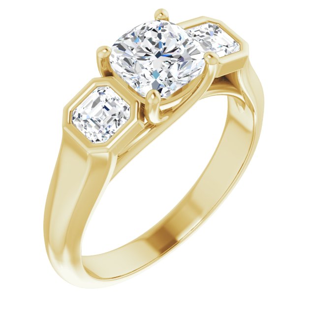 10K Yellow Gold Customizable 3-stone Cathedral Cushion Cut Design with Twin Asscher Cut Side Stones