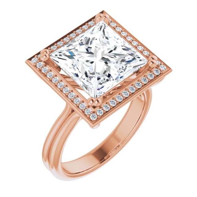 10K Rose Gold Customizable Princess/Square Cut Style with Scooped Halo and Grooved Band