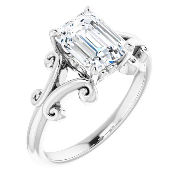 Cubic Zirconia Engagement Ring- The Paisley (Customizable Emerald Cut Solitaire with Band Flourish and Decorative Trellis)