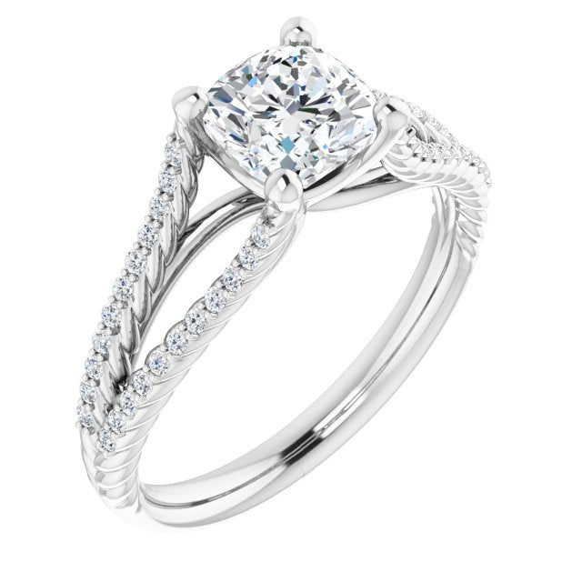 10K White Gold Customizable Cushion Cut Style with Split Band and Rope-Pavé