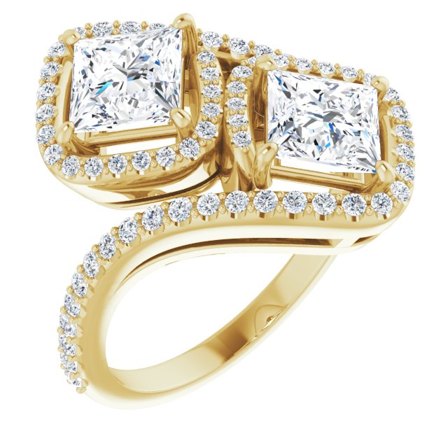 10K Yellow Gold Customizable Double Princess/Square Cut 2-Stone Style Enhanced with Accented Artisan Bypass Band