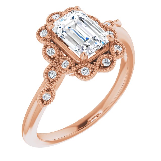 10K Rose Gold Customizable 3-stone Design with Emerald/Radiant Cut Center and Halo Enhancement
