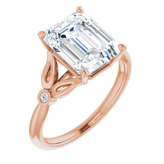 10K Rose Gold Customizable 3-stone Emerald/Radiant Cut Design with Thin Band and Twin Round Bezel Side Stones