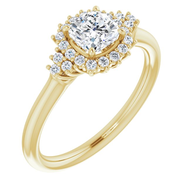 10K Yellow Gold Customizable Cushion Cut Cathedral-Halo Design with Tri-Cluster Round Accents