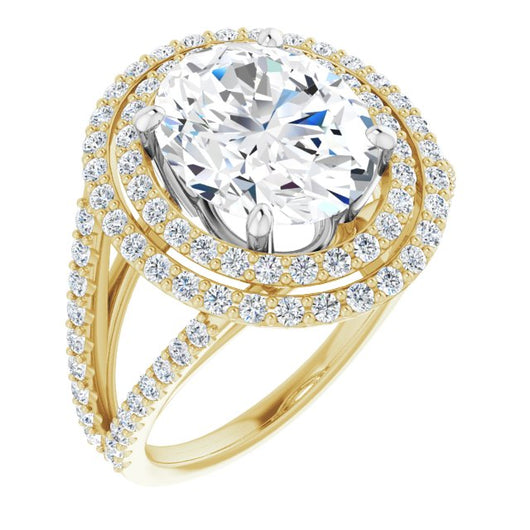 14K Yellow & White Gold Customizable Oval Cut Design with Double Halo and Wide Split-Pavé Band