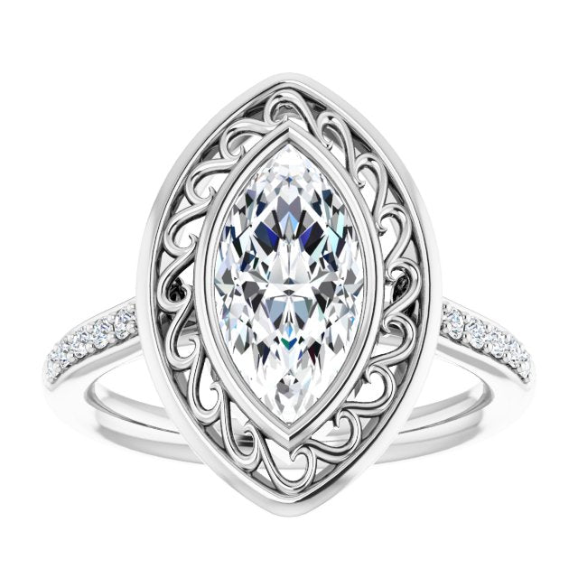 Cubic Zirconia Engagement Ring- The Hailey Belle (Customizable Cathedral-Bezel Marquise Cut Design with Floral Filigree and Thin Shared Prong Band)