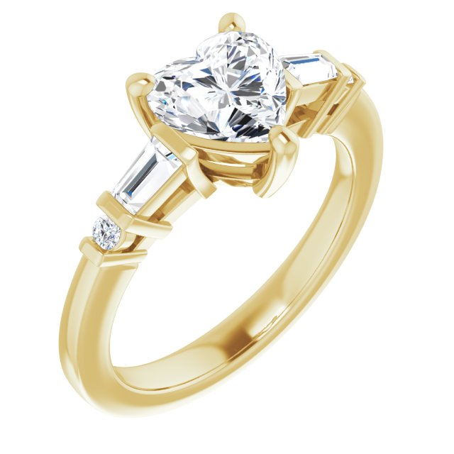 10K Yellow Gold Customizable 5-stone Baguette+Round-Accented Heart Cut Design)
