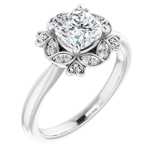 10K White Gold Customizable Cushion Cut Design with Floral Segmented Halo & Sculptural Basket