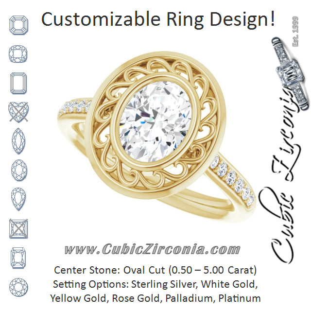 Cubic Zirconia Engagement Ring- The Hailey Belle (Customizable Cathedral-Bezel Oval Cut Design with Floral Filigree and Thin Shared Prong Band)