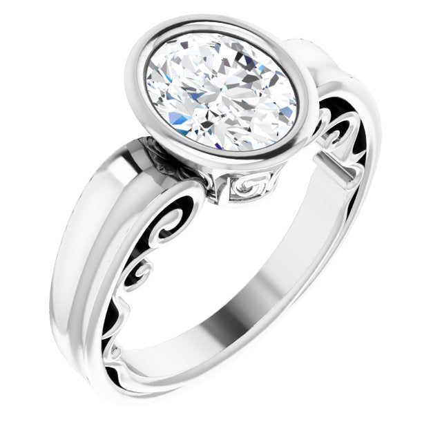 10K White Gold Customizable Bezel-set Oval Cut Solitaire with Wide 3-sided Band