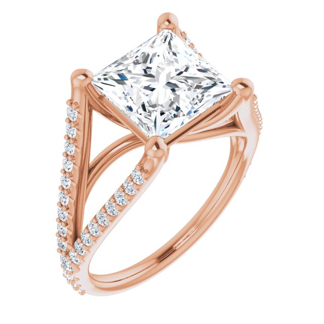 10K Rose Gold Customizable Cathedral-raised Princess/Square Cut Center with Exquisite Accented Split-band