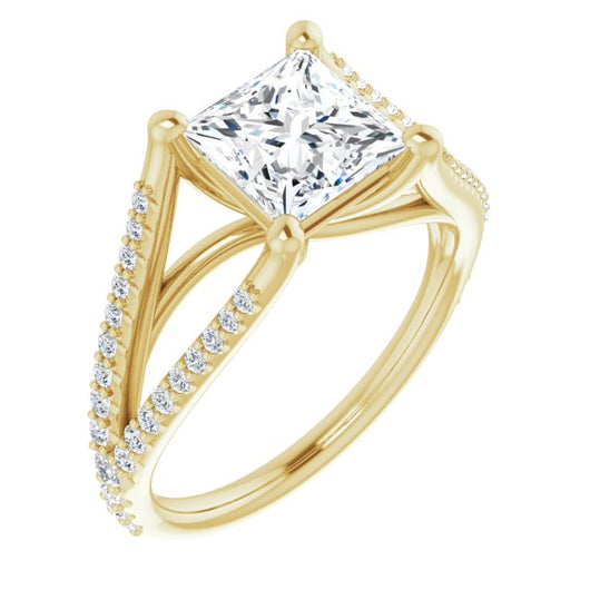 10K Yellow Gold Customizable Cathedral-raised Princess/Square Cut Center with Exquisite Accented Split-band