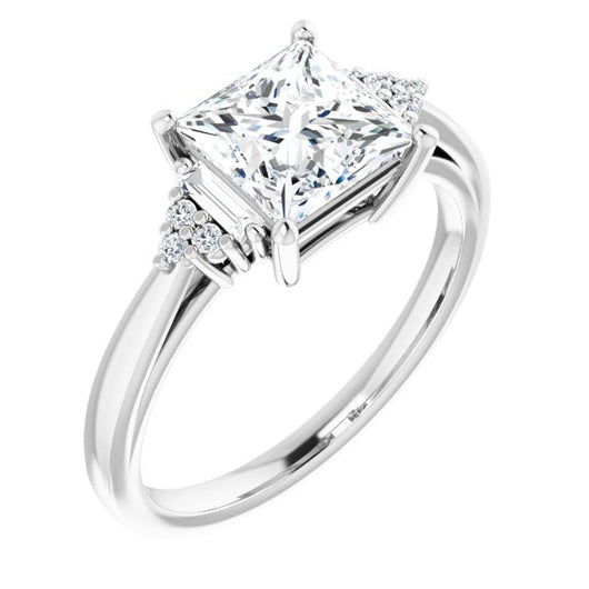10K White Gold Customizable 9-stone Design with Princess/Square Cut Center, Side Baguettes and Tri-Cluster Round Accents