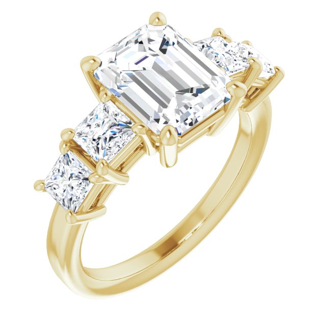10K Yellow Gold Customizable 5-stone Emerald/Radiant Cut Style with Quad Princess-Cut Accents