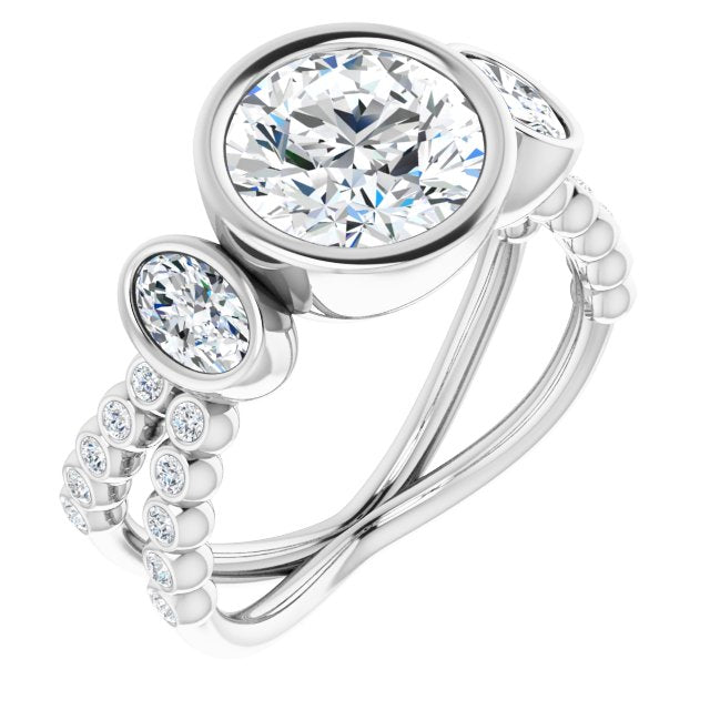18K White Gold Customizable Bezel-set Round Cut Design with Dual Bezel-Oval Accents and Round-Bezel Accented Split Band