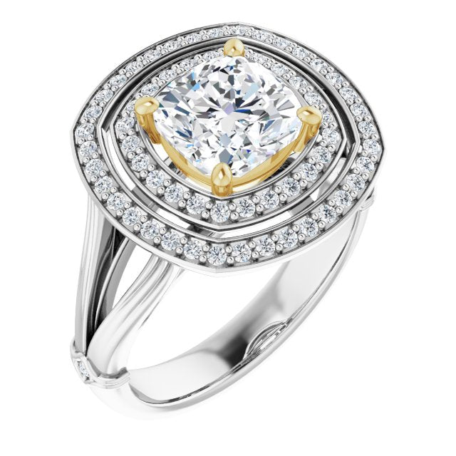 14K White & Yellow Gold Customizable Cathedral-set Cushion Cut Design with Double Halo, Wide Split Band and Side Knuckle Accents
