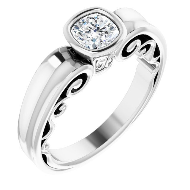 10K White Gold Customizable Bezel-set Cushion Cut Solitaire with Wide 3-sided Band