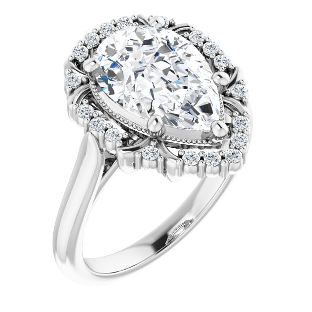 10K White Gold Customizable Pear Cut Design with Majestic Crown Halo and Raised Illusion Setting