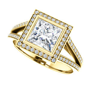 Cubic Zirconia Engagement Ring- The Josefina (Customizable Halo-Style Princess Cut with Wide Split-Band Pavé)