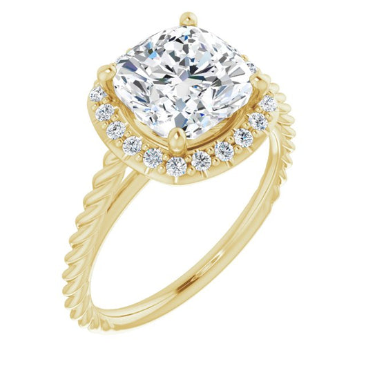 10K Yellow Gold Customizable Cathedral-set Cushion Cut Design with Halo and Twisty Rope Band
