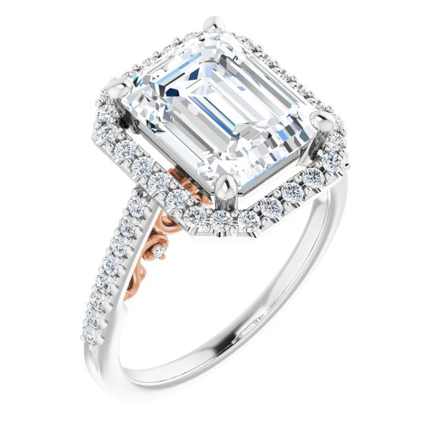 14K White & Rose Gold Customizable Cathedral-Halo Emerald/Radiant Cut Design with Carved Metal Accent plus Pavé Band