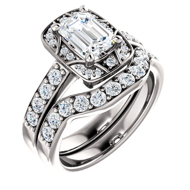 CZ Wedding Set, featuring The Payton engagement ring (Customizable Radiant Cut with Segmented Cluster-Halo and Large-Accented Band)