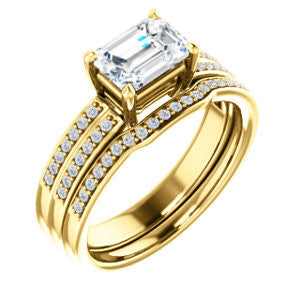 CZ Wedding Set, featuring The Lyla Ann engagement ring (Customizable Emerald Cut Design with Wide Double-Pavé Band)