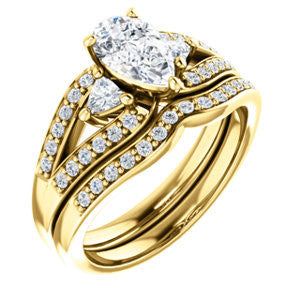 CZ Wedding Set, featuring The Karen engagement ring (Customizable Enhanced 3-stone Design with Pear Cut Center, Dual Trillion Accents and Wide Pavé-Split Band)