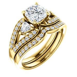 CZ Wedding Set, featuring The Karen engagement ring (Customizable Enhanced 3-stone Design with Cushion Cut Center, Dual Trillion Accents and Wide Pavé-Split Band)