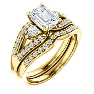 CZ Wedding Set, featuring The Karen engagement ring (Customizable Enhanced 3-stone Design with Emerald Cut Center, Dual Trillion Accents and Wide Pavé-Split Band)