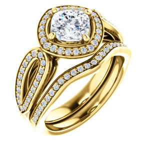 CZ Wedding Set, featuring The Jordyn Elitza engagement ring (Customizable Halo-Style Cushion Cut with Twisting Pavé Split-Shank)