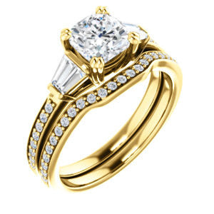 CZ Wedding Set, featuring The Hazel Rae engagement ring (Customizable Cushion Cut Design with Quad Baguette Accents and Pavé Band)