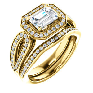 CZ Wedding Set, featuring The Jordyn Elitza engagement ring (Customizable Halo-Style Emerald Cut with Twisting Pavé Split-Shank)