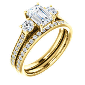 CZ Wedding Set, featuring The Tess engagement ring (Customizable Emerald Cut Trellis-Enhanced Bridge Setting with Semi-Pavé Band)