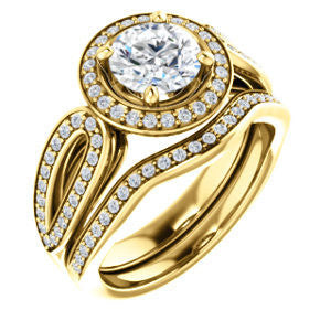 CZ Wedding Set, featuring The Jordyn Elitza engagement ring (Customizable Halo-Style Round Cut with Twisting Pavé Split-Shank)