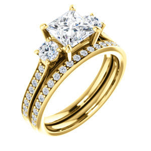 CZ Wedding Set, featuring The Tess engagement ring (Customizable Princess Cut Trellis-Enhanced Bridge Setting with Semi-Pavé Band)