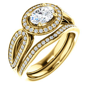 CZ Wedding Set, featuring The Jordyn Elitza engagement ring (Customizable Halo-Style Oval Cut with Twisting Pavé Split-Shank)