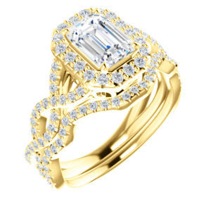 CZ Wedding Set, featuring The Benita engagement ring (Customizable Emerald Cut with Infinity Split-band Pavé and Halo)