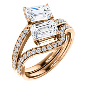 Cubic Zirconia Engagement Ring- The Phoebe (Customizable Enhanced 2-stone Double Emerald Cut Design With Round Pavé Band)