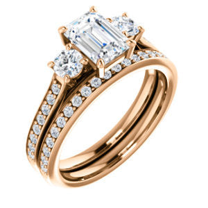 CZ Wedding Set, featuring The Tess engagement ring (Customizable Emerald Cut Trellis-Enhanced Bridge Setting with Semi-Pavé Band)