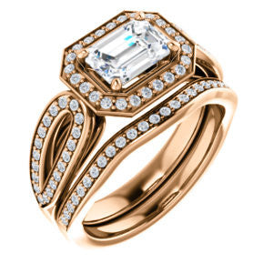 CZ Wedding Set, featuring The Jordyn Elitza engagement ring (Customizable Halo-Style Emerald Cut with Twisting Pavé Split-Shank)