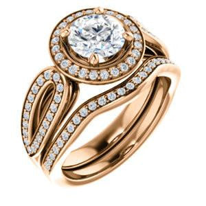 CZ Wedding Set, featuring The Jordyn Elitza engagement ring (Customizable Halo-Style Round Cut with Twisting Pavé Split-Shank)