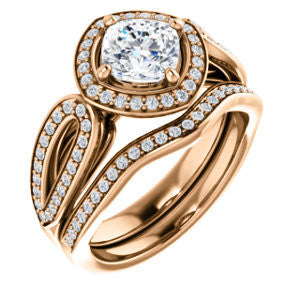 CZ Wedding Set, featuring The Jordyn Elitza engagement ring (Customizable Halo-Style Cushion Cut with Twisting Pavé Split-Shank)